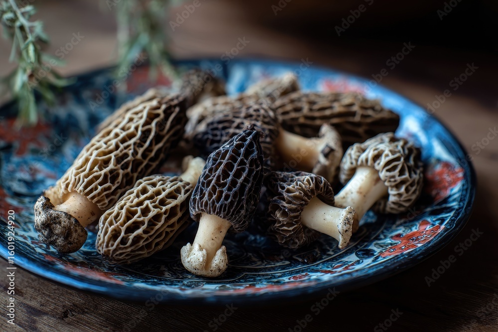 Obraz premium Morel mushrooms presented on a blue and black dish