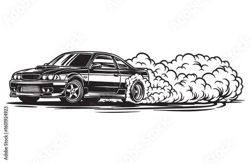 burnout wheel drifting car engraving vector illustration