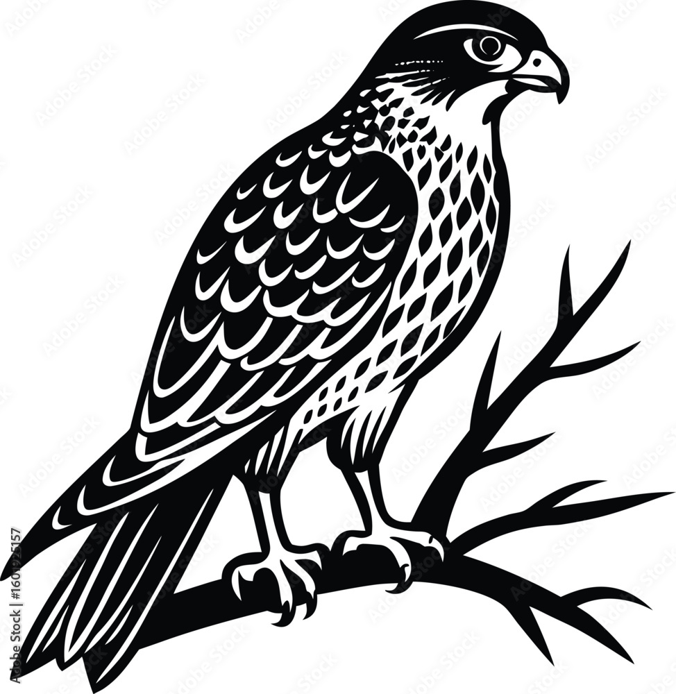 Obraz premium Single Hawk Bird Silhouette on Branch.