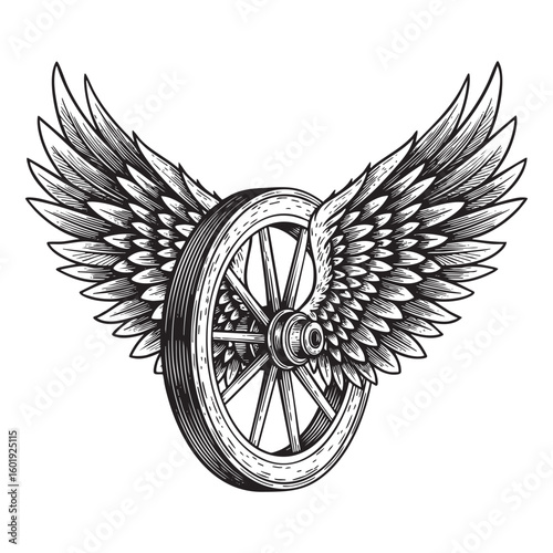 wheel with wings engraving vector illustration