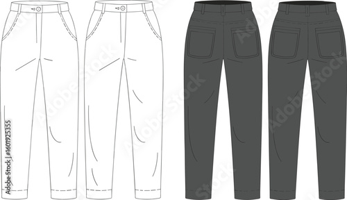High waist women trousers front and back view, fashion cad drawing, flat vector illustration, technical sketch, pants design template