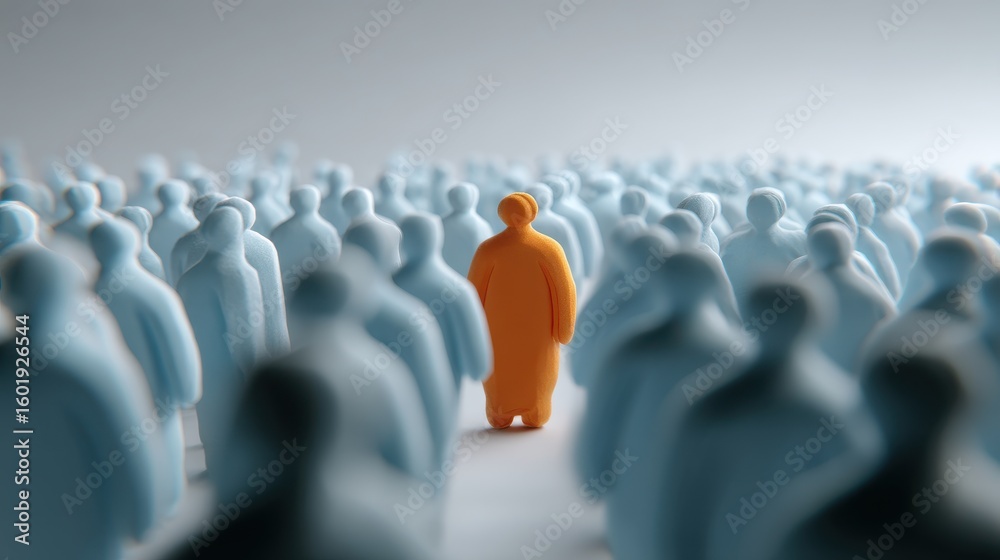 Obraz premium Unique individual in crowd of miniature blue human silhouettes concept