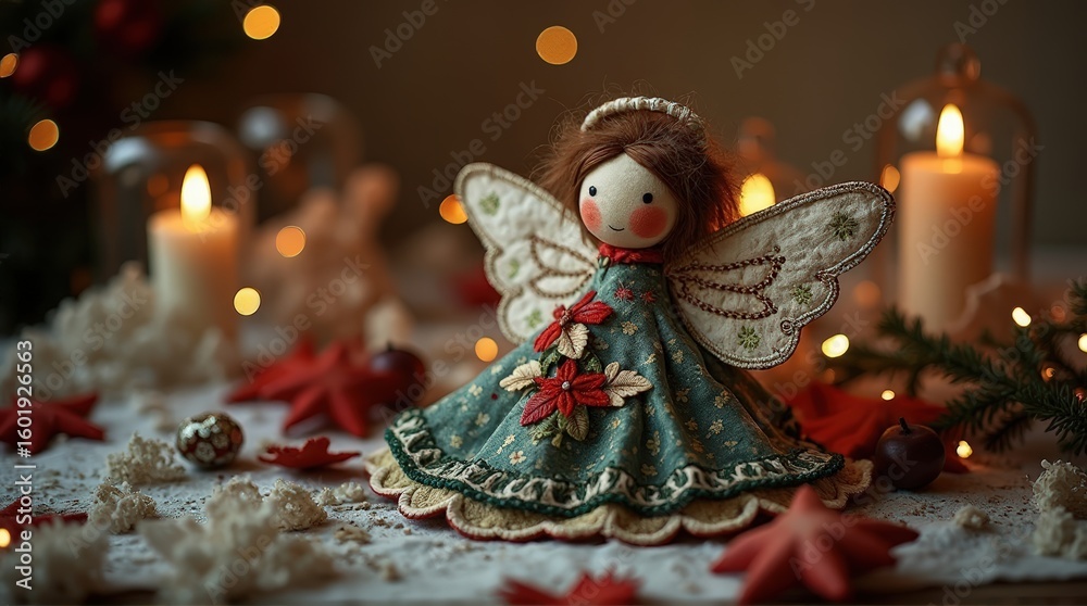 Obraz premium Cute Christmas Fairy Doll Ornament with Wings Wearing Blue Dress Sitting Amid Christmas Decorations