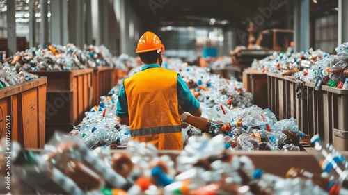 Recycling plastic bottle worker wearing safety helmet, vest, and mask sorting plastic bottles facility with bins full of recyclable materials