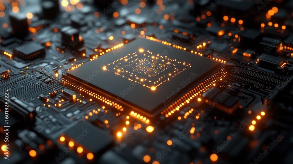 High-tech CPU on circuit board, glowing connections, futuristic technology High-tech CPU on circuit board, glowing connections, futuristic technology