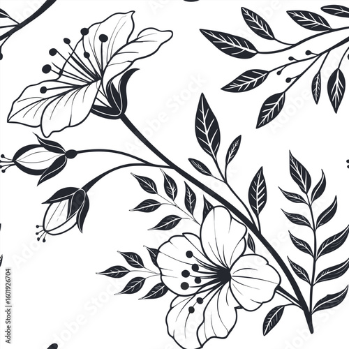 Hand drawn floral pattern with blooming cherry blossoms isolated on white background