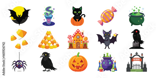 Collection of Halloween icons featuring spooky characters and treats isolated on white background