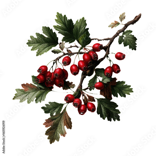 illustration of hawthorn branch with red berries on transparent background.
