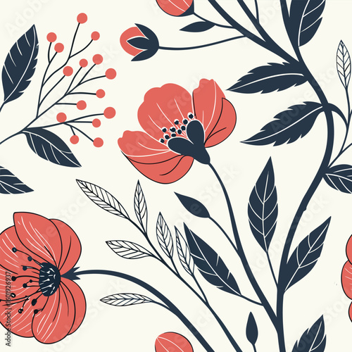 Vibrant pink poppies and berries floral pattern isolated on white background
