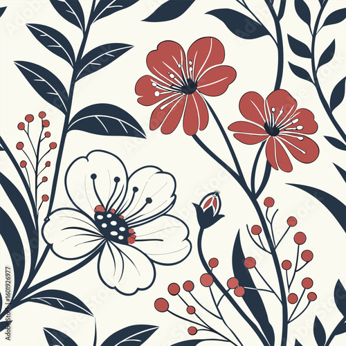Delicate floral pattern with red and white flowers and dark blue leaves isolated on white background