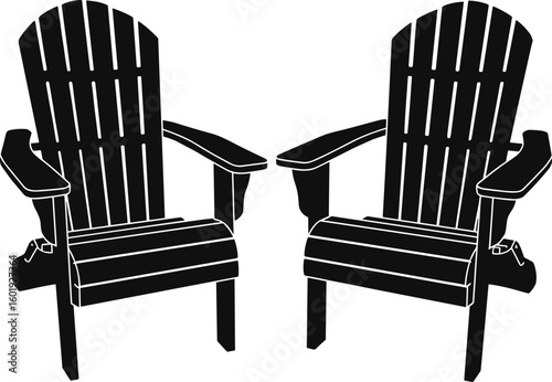 Adirondack chairs black vector, outdoor wooden seating, CAD style sketch, silhouette drawing, patio furniture graphic, flat illustration design