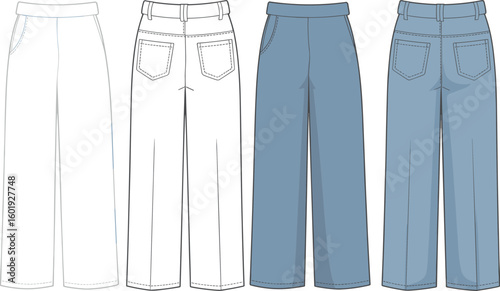 Back and front view of wide leg jeans, high waist denim pants, fashion flat sketch, technical cad drawing illustrationBack