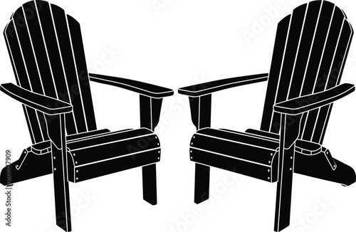 Adirondack chairs vector, outdoor wood furniture, black silhouette style, CAD drawing concept, garden seating design, patio chair flat illustration