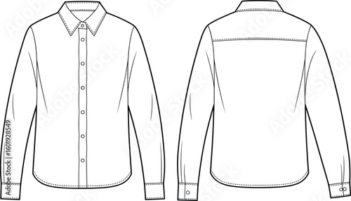 Classic button down shirt flat sketch, long sleeve shirt front and back view, fashion technical drawing, vector template, clothing design