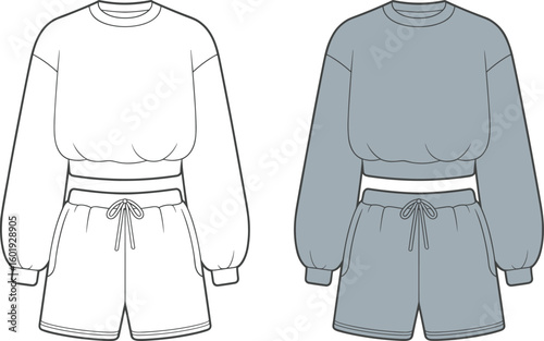 Stylish women's loungewear set, long sleeve top and drawstring shorts, flat fashion sketch, CAD drawing, vector illustration, cozy outfit