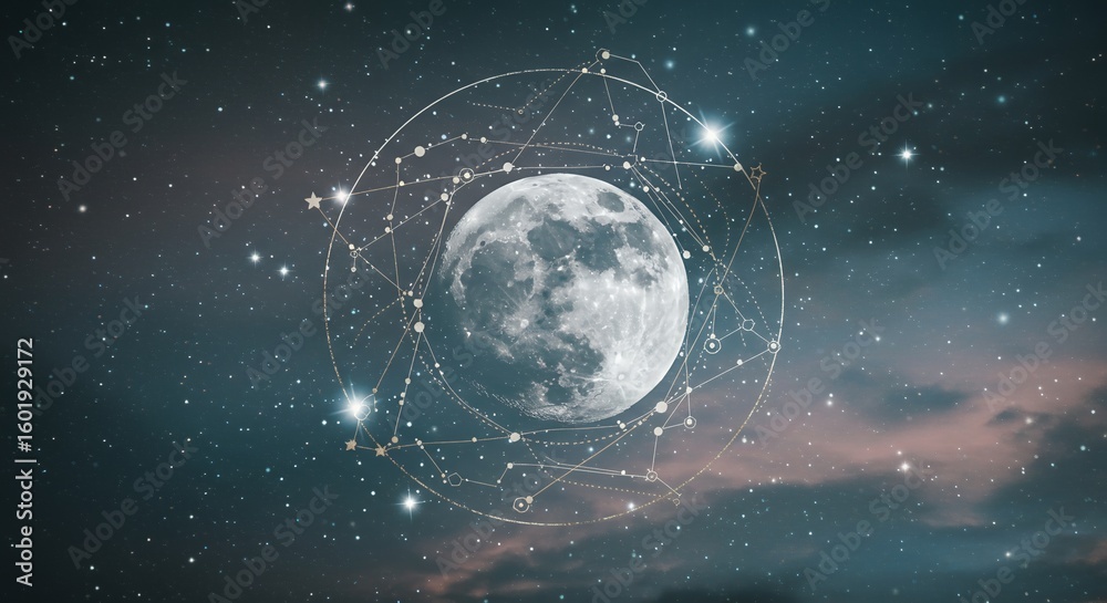 Obraz premium Full moon shines with astrology chart overlay in a starry night sky.