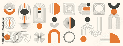 Abstract minimal element mid century vector set. Aesthetic contemporary stripe line art, vintage geometric shape in black and orange color. Atomic age Art design for wall art, decoration, wallpaper.