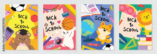 Back to school vector poster. Study Background design with cute animal cartoon and education school supplies element. Kids hand drawn flat design for poster , wallpaper, website and cover template.