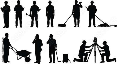 Construction workers silhouette, black flat vector, building crew equipment, site labor actions, industrial safety, tools, engineering illustration, cad sketch drawing