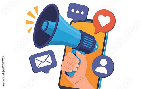 Hand holding blue megaphone with social media icons image