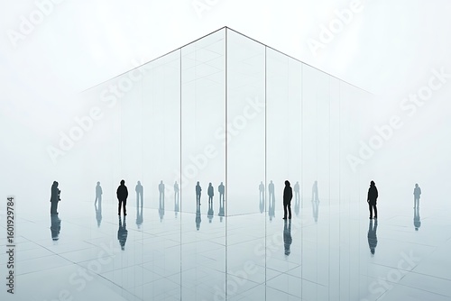 Silhouetted figures in a bright, modern space with mirrored floor and glass architecture
