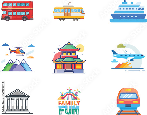 Collection of diverse travel and transportation illustrations