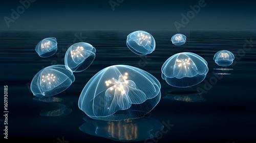 with glowing AI-designed jellyfish floating above reflective crystal-clear water