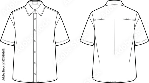 Flat vector illustration of short sleeve button down shirt with collar, CAD technical drawing template, fashion design flat sketch