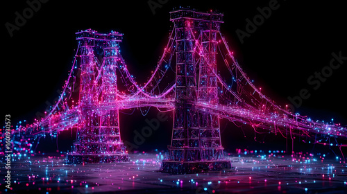 bridge connecting futuristic towers above an ocean of flowing light and data