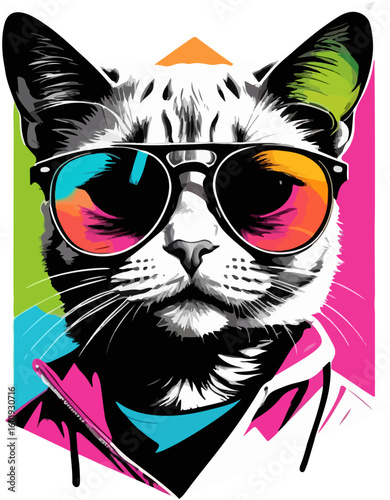 Funky Neon Cat with Sunglasses Vector Art
