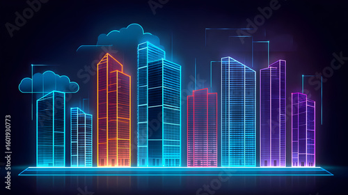 skyline with glowing buildings and digital clouds under a purple night sky