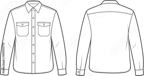 Front and back view shirt fashion flat, long sleeve button up design, double chest pockets, technical sketch, vector illustration