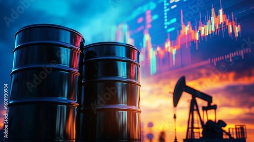 Black oil barrels and an oil pumpjack with a digital stock market graph overlay during sunset.