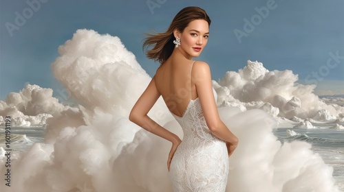 Woman in white lace gown poses with dramatic cloud and ocean landscape