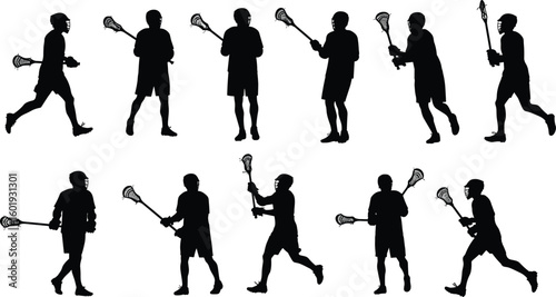 Lacrosse player silhouette in multiple action poses, stick handling, flat vector cad drawing, sportsman movement, training, game, athletic performance