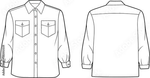 Long sleeve button shirt front and back, double chest pocket design, turn down collar, cuff detail, vector sketch, CAD drawing
