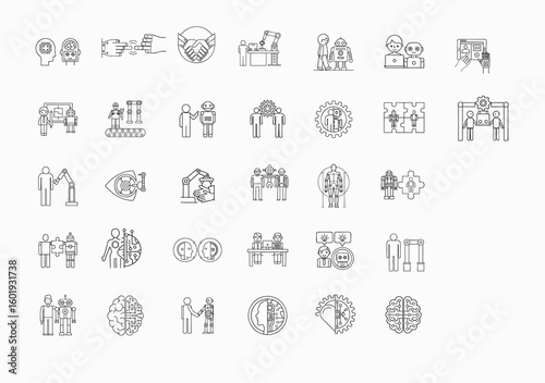 Human and robot working together icon collection showing collaboration and teamwork