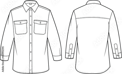 Long sleeve men’s shirt technical drawing, front and back view, button down, chest flap pockets, fashion cad sketch, flat vector illustration