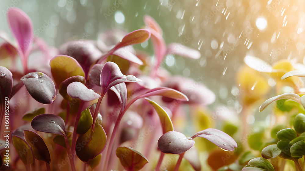 Fototapeta premium Microgreens growing in rain with droplets against a soft background 