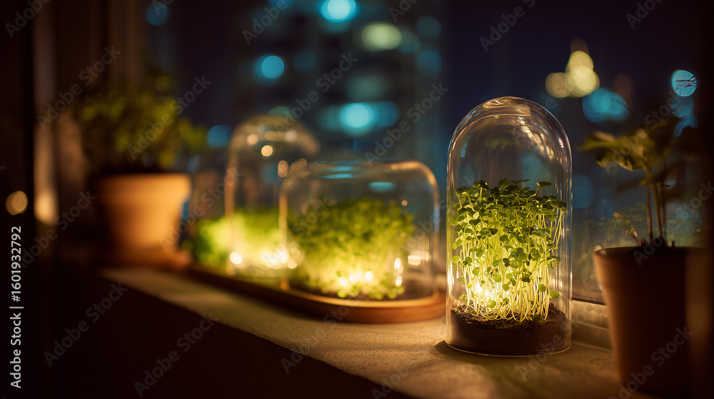 Obraz premium Indoor plants illuminated in glass containers on windowsill at night