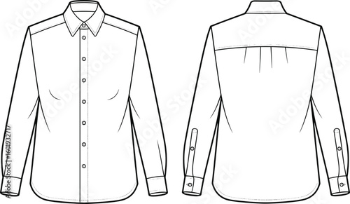 Long sleeve women’s shirt flat sketch, front and back view, tailored fit, button down blouse, cad fashion vector illustration