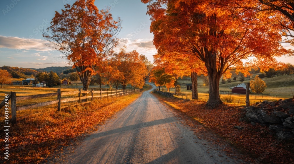 Obraz premium Autumn Country Road with Vibrant Orange and Red Trees