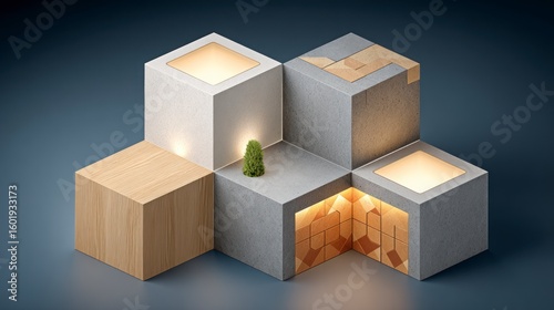Fototapeta Naklejka Na Ścianę i Meble -  Abstract geometric composition with concrete and wood cubes illuminated with subtle lighting