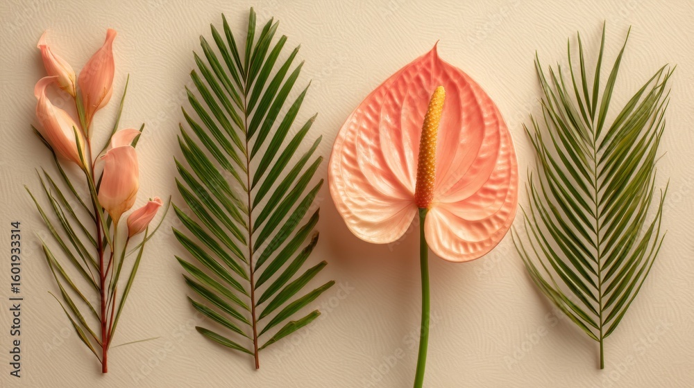 Naklejka premium Pink and Green Tropical Flower and Leaf Arrangement on Beige Background
