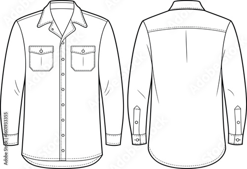 Men’s long sleeve shirt front and back view, button down, technical sketch, chest pockets, vector flat cad drawing, fashion design