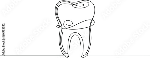 Minimalist continuous line drawing of a tooth isolated on white background