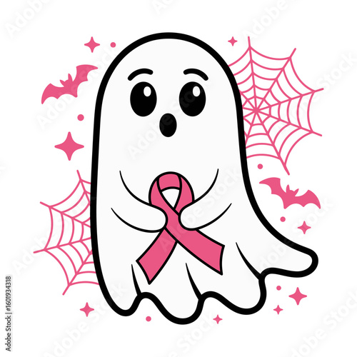 Cute Halloween Ghost Holding Pink Ribbon for Breast Cancer Awareness