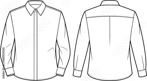 Men's shirt technical drawing, long sleeve, front and back view, classic collar, button down, fashion flat sketch, cad vector illustration