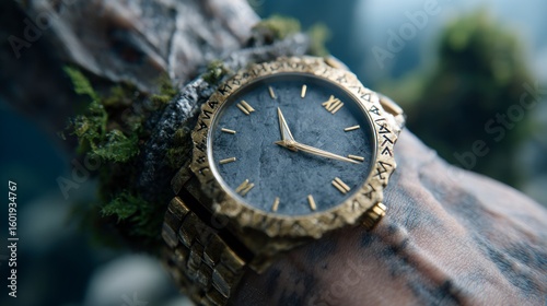 Wallpaper Mural Ornate golden watch with stone dial and engraved bezel rests on mossy branch Torontodigital.ca