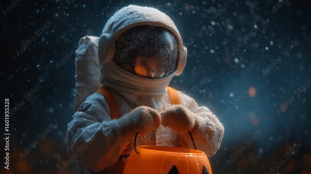 Child in Astronaut Costume with Pumpkin Trick or Treat Bag in Snowy Night